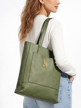 Green Faux Leather Tote Bag Minimalist Shoulder Bag